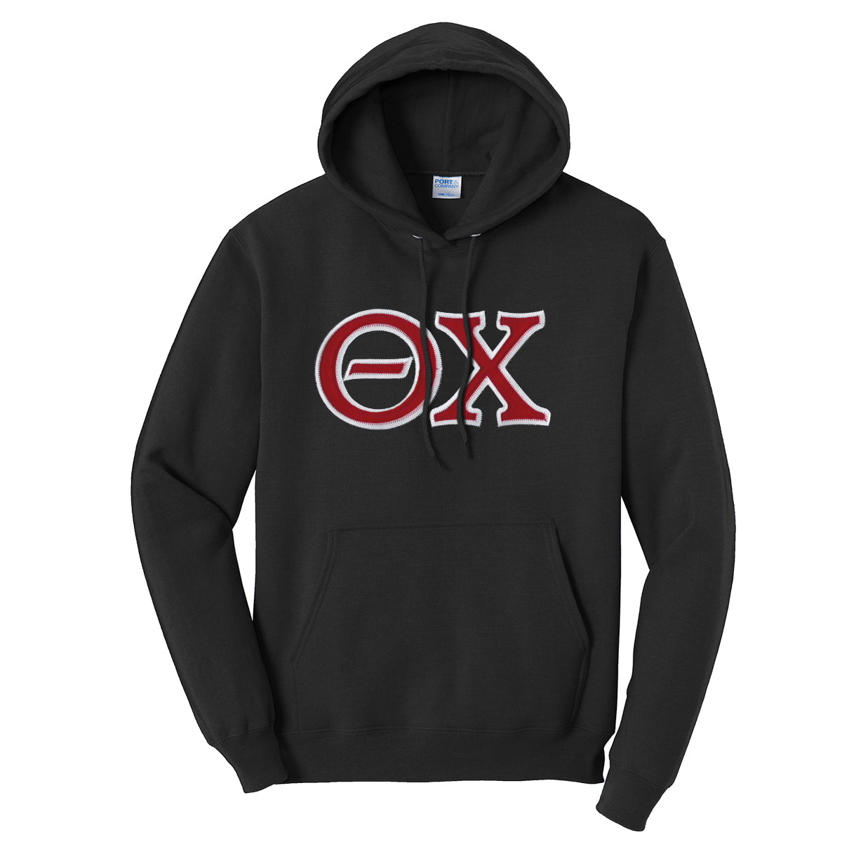 Theta Chi Black Hoodie with Sewn On Greek Letters