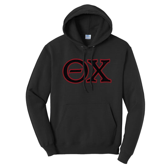 Theta Chi Black Hoodie with Black Sewn On Letters