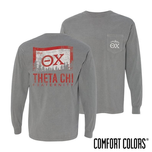 Theta Chi Gray Comfort Colors Flag Long Sleeve Pocket Tee | Theta Chi | Shirts > Long sleeve t-shirts