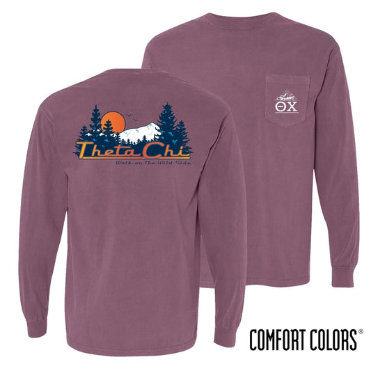 Theta Chi Comfort Colors Berry Retro Wilderness Long Sleeve Pocket Tee | Theta Chi | Shirts > Long sleeve t-shirts