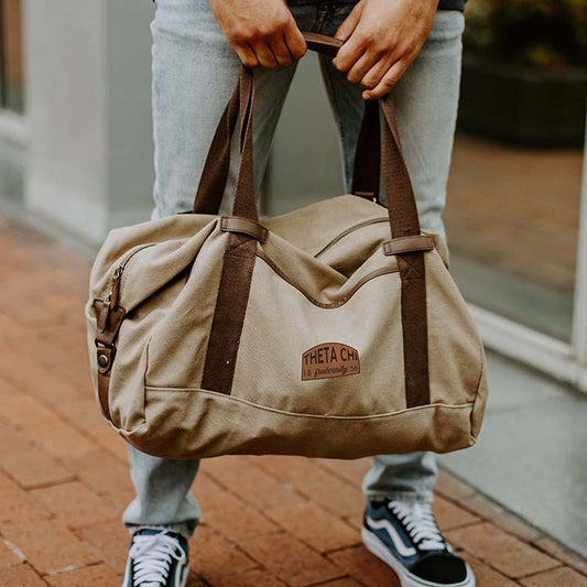 Theta Chi Khaki Canvas Duffel With Leather Patch