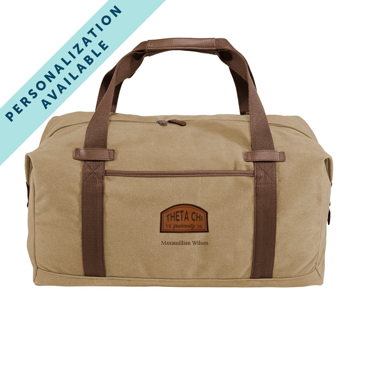 Theta Chi Khaki Canvas Duffel With Leather Patch | Theta Chi | Bags > Duffle bags